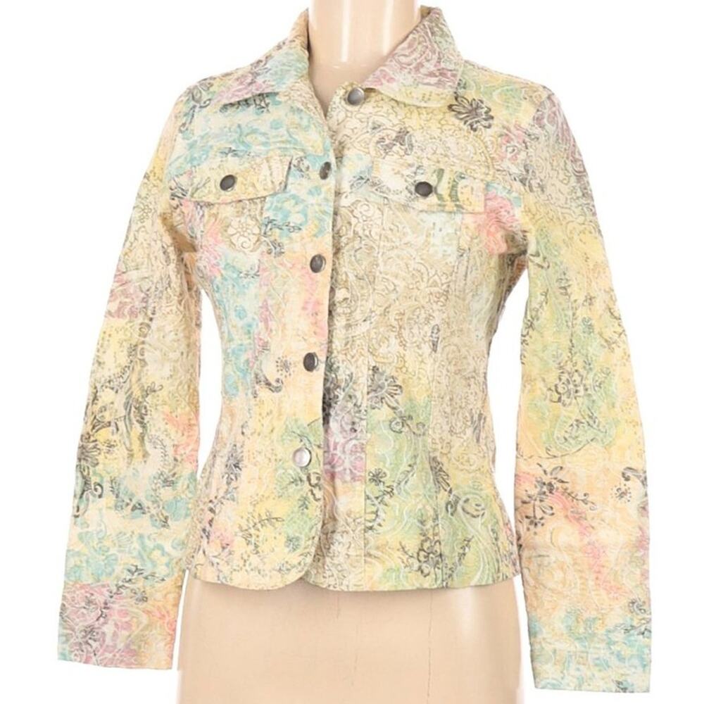 Analogy Petites Jean Style Jacket Womens PM Textured Yellow Gray Coral Floral‎